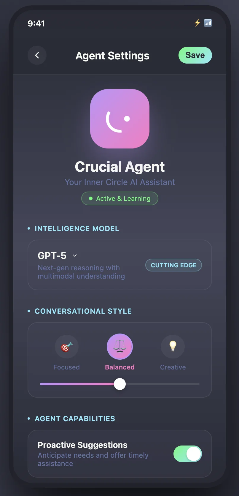 Crucial agent settings screen with intelligence model picker, conversational style slider, and capability toggles