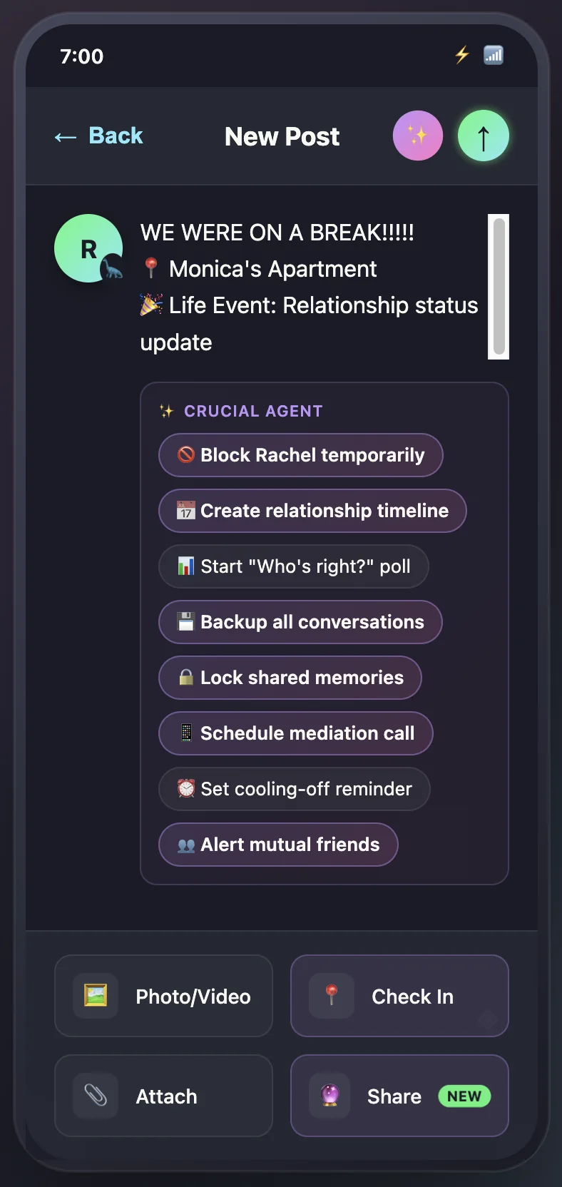 Crucial agent offering eight contextual interventions on an emotionally charged post, from temporarily blocking an ex to alerting mutual friends